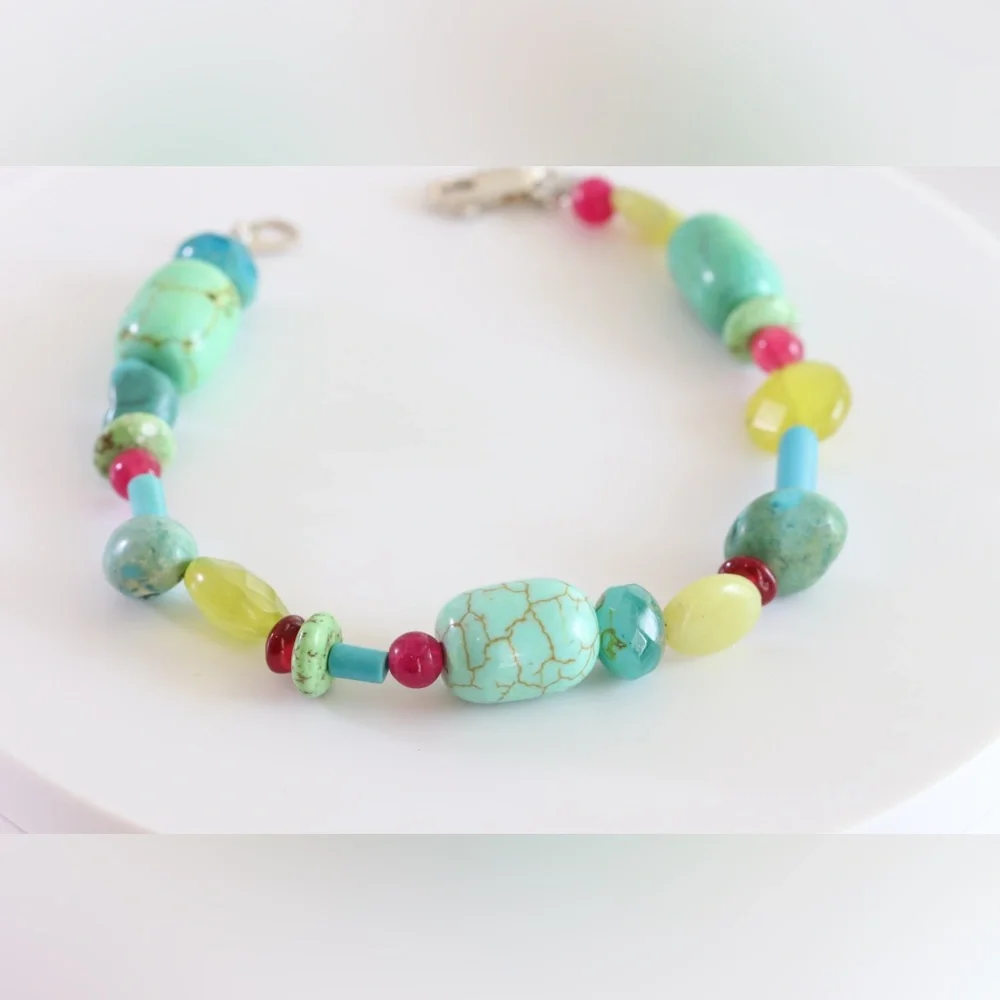 Handmade Turquoise & Aqua Gemstone Bracelet | Sterling Silver | 8”